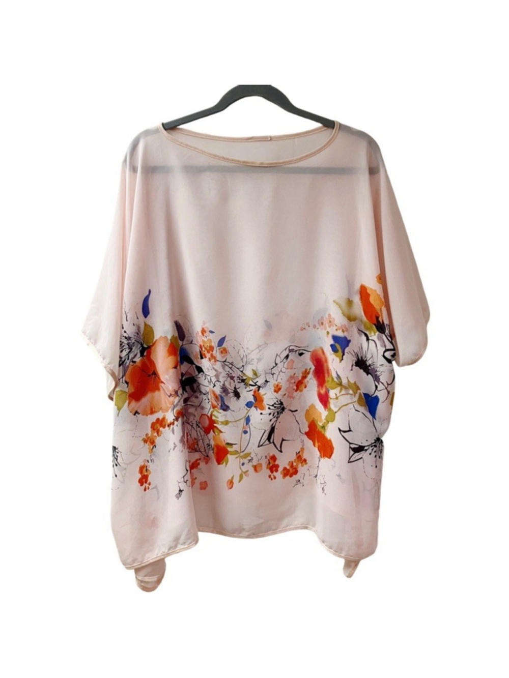 Poncho Blouse Flowy Chiffon Watercolor Floral Luxury SZ 2X Oversized Pink Vacay